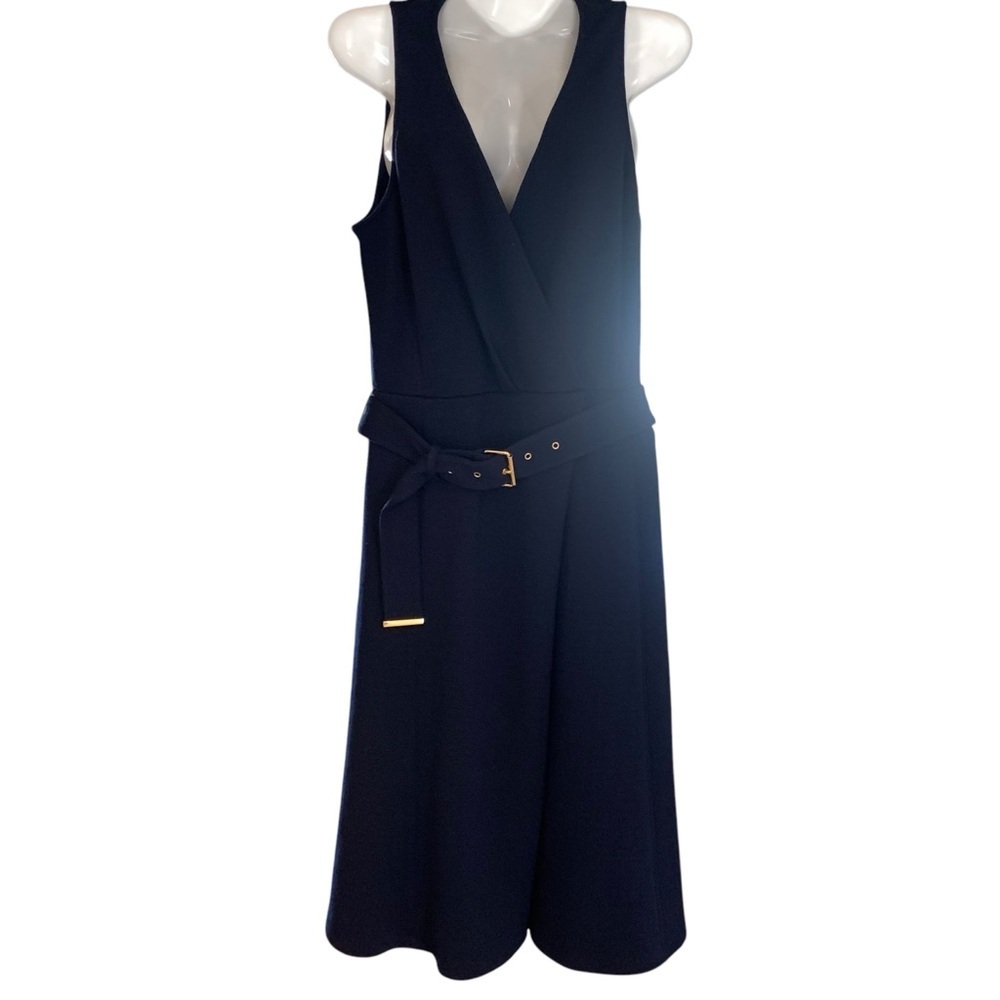 RALPH‎ LAUREN Elegant Navy Sleeveless Belted Midi Dress Size 4